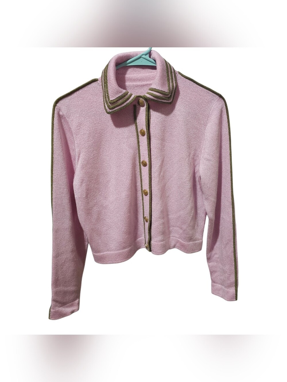 Vintage Cottagecore Pink Knit Cardigan Sweater Brown Trim Gold Button Size S